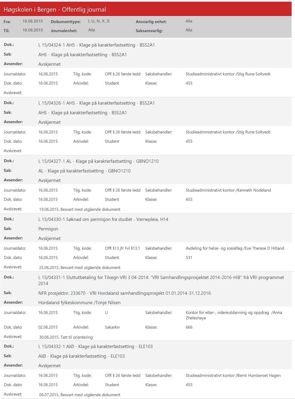 dato: Arkivdel: Student I, 15/04327-1 AL - Klage på karakterfastsetting - GBNO1210 AL - Klage på karakterfastsetting - GBNO1210 Studieadministrativt kontor /Kenneth Nodeland Dok.