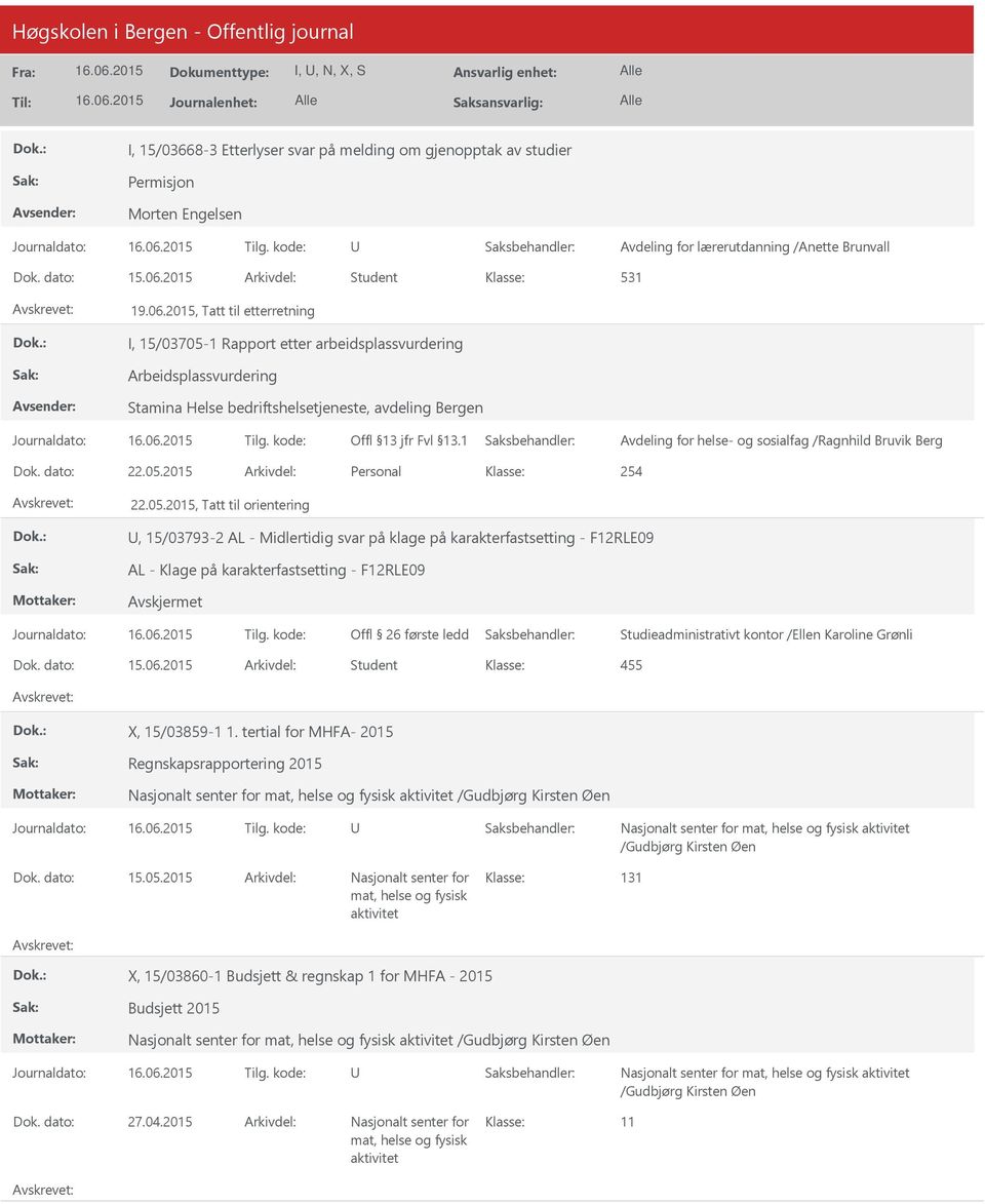 05.2015, Tatt til orientering, 15/03793-2 AL - Midlertidig svar på klage på karakterfastsetting - F12RLE09 AL - Klage på karakterfastsetting - F12RLE09 Studieadministrativt kontor /Ellen Karoline