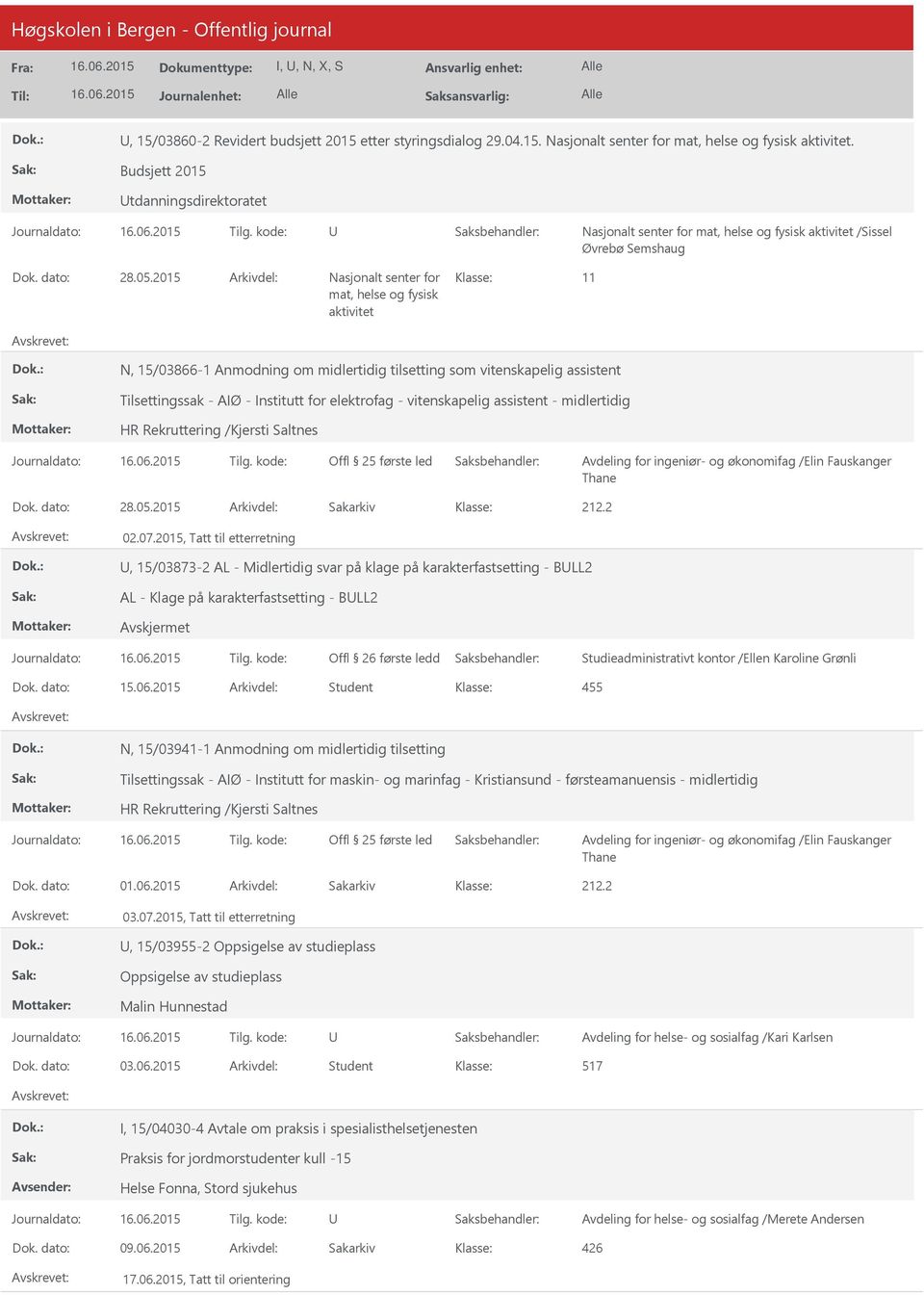 2015 Arkivdel: Nasjonalt senter for 11 mat, helse og fysisk aktivitet N, 15/03866-1 Anmodning om midlertidig tilsetting som vitenskapelig assistent Tilsettingssak - AIØ - Institutt for elektrofag -