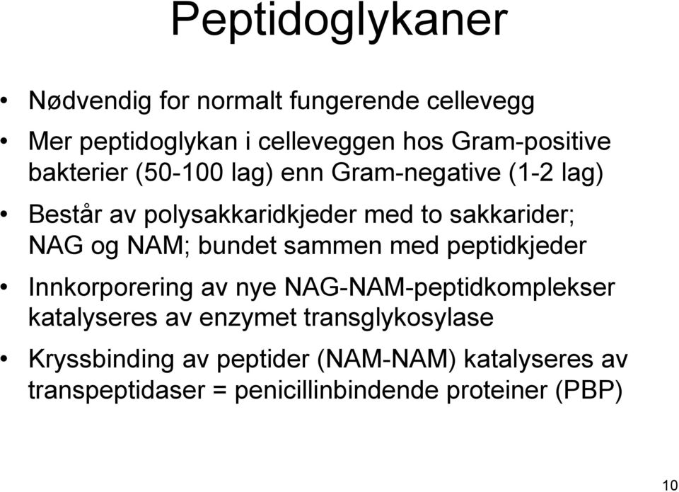 bundet sammen med peptidkjeder Innkorporering av nye NAG-NAM-peptidkomplekser katalyseres av enzymet