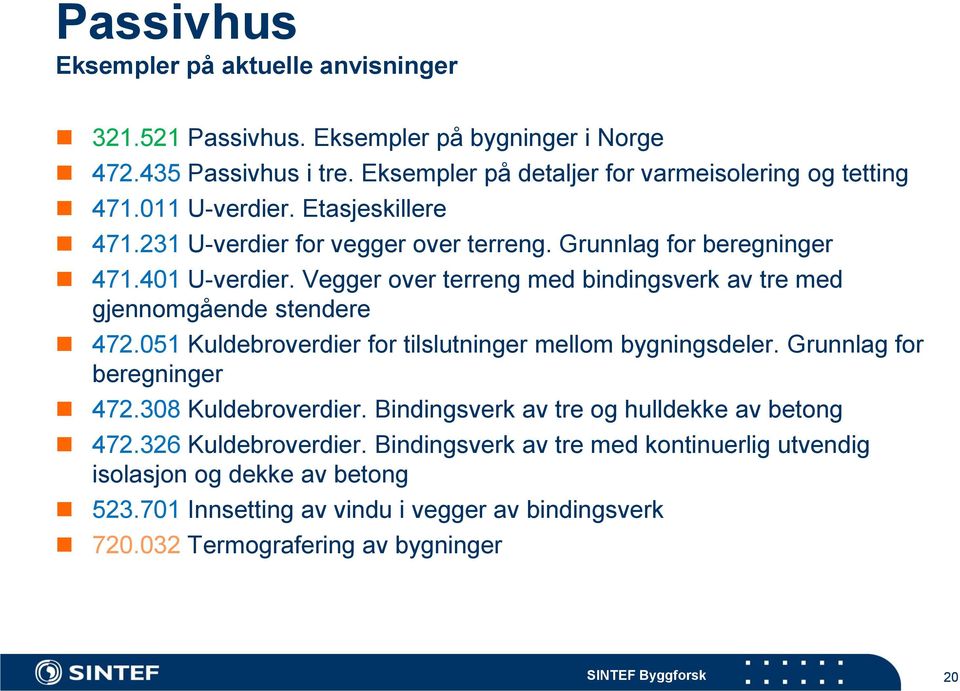 Vegger over terreng med bindingsverk av tre med gjennomgående stendere 472.051 Kuldebroverdier for tilslutninger mellom bygningsdeler. Grunnlag for beregninger 472.