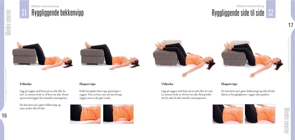 Finn ut hvor mye du kan bevege ryggen uten at det gjør vondt. Ligg på ryggen med bena på en sofa eller lav stol. La armene hvile ut til hver sin side.