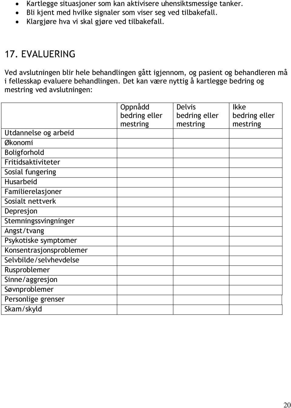 Det kan være nyttig å kartlegge bedring og mestring ved avslutningen: Utdannelse og arbeid Økonomi Boligforhold Fritidsaktiviteter Sosial fungering Husarbeid Familierelasjoner Sosialt nettverk