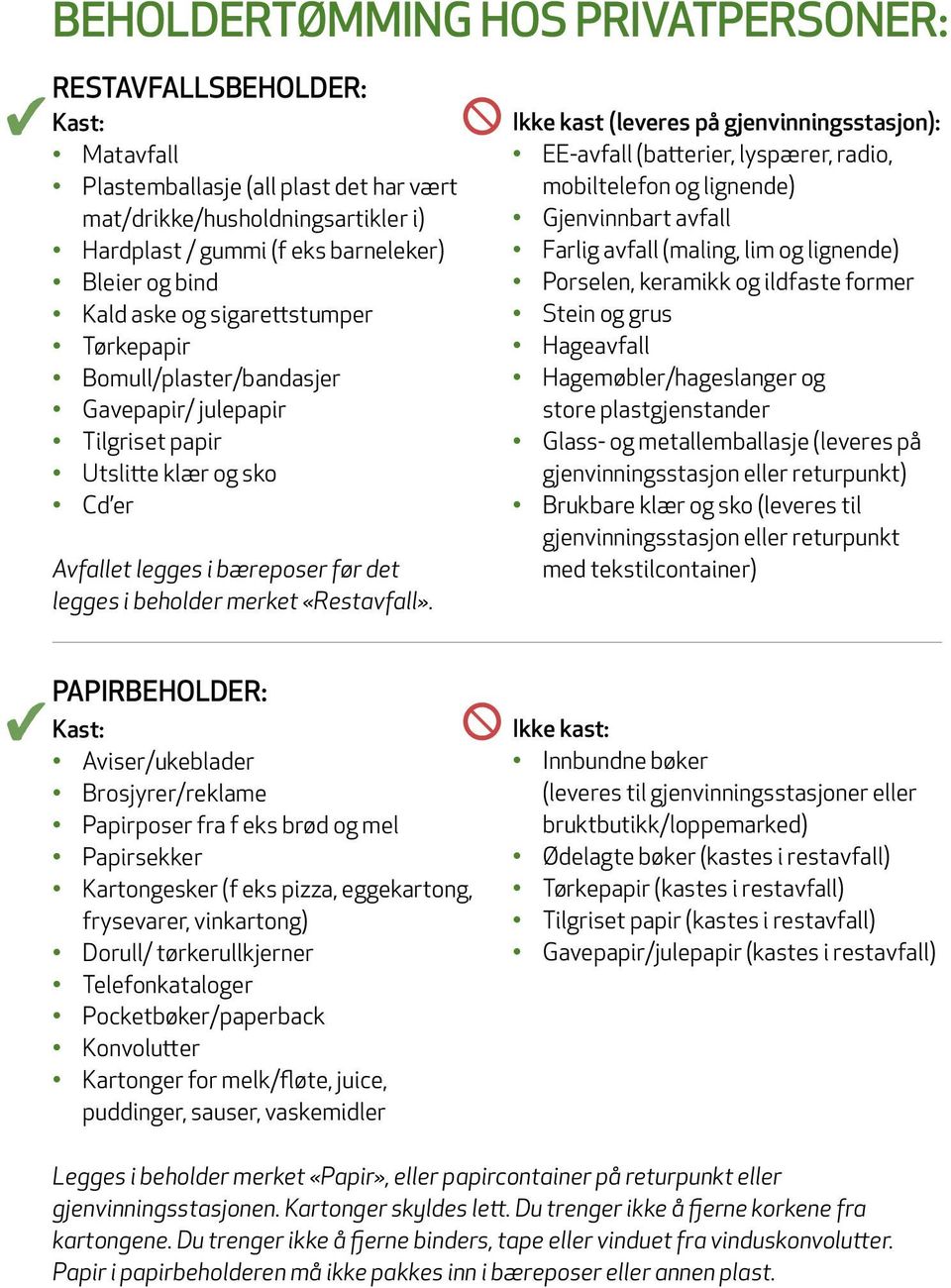 Ikke kast (leveres på gjenvinningsstasjon): EE-avfall (batterier, lyspærer, radio, mobiltelefon og lignende) Gjenvinnbart avfall Farlig avfall (maling, lim og lignende) Porselen, keramikk og ildfaste