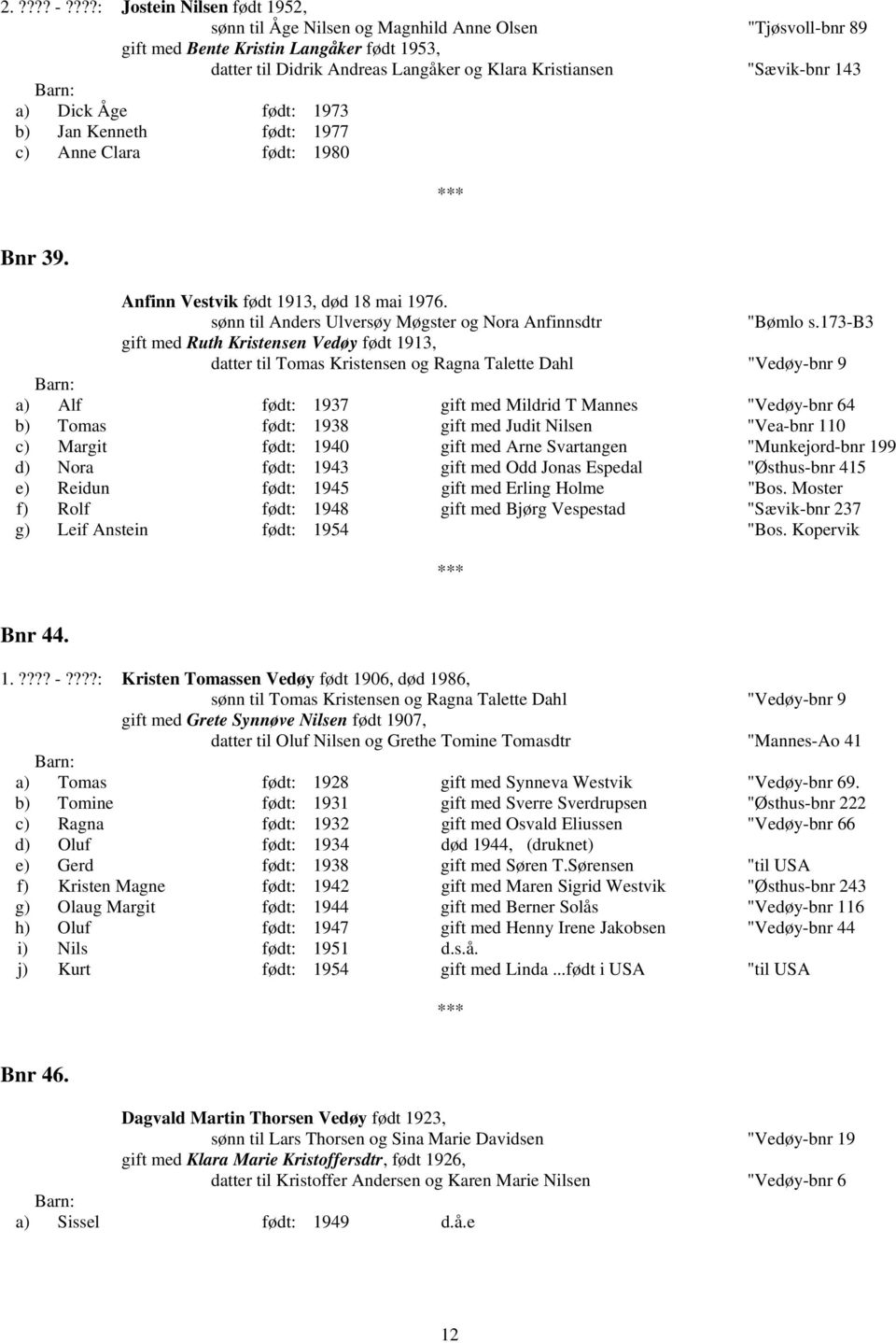 "Sævik-bnr 143 a) Dick Åge født: 1973 b) Jan Kenneth født: 1977 c) Anne Clara født: 1980 Bnr 39. Anfinn Vestvik født 1913, død 18 mai 1976.