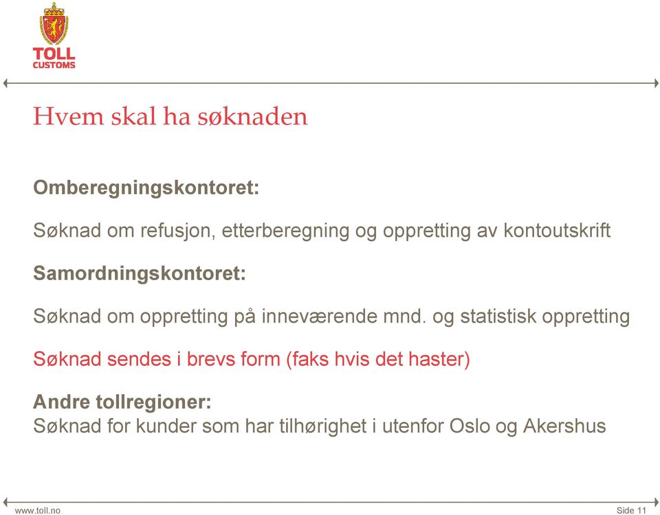 mnd. og statistisk oppretting Søknad sendes i brevs form (faks hvis det haster) Andre