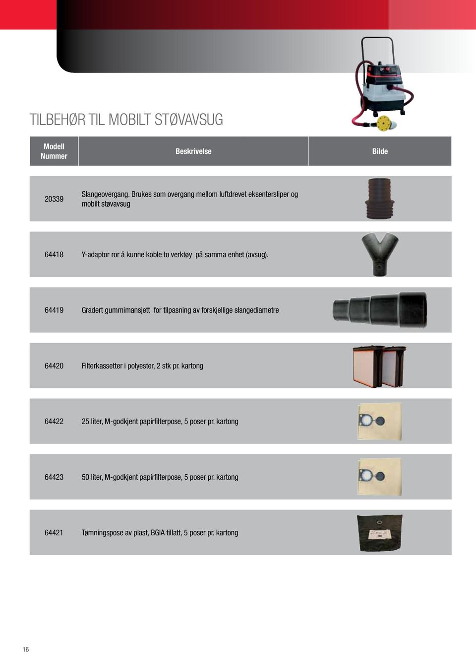 (avsug). 64419 Gradert guimansjett for tilpasning av forskjellige slangediametre 64420 Filterkassetter i polyester, 2 stk pr.