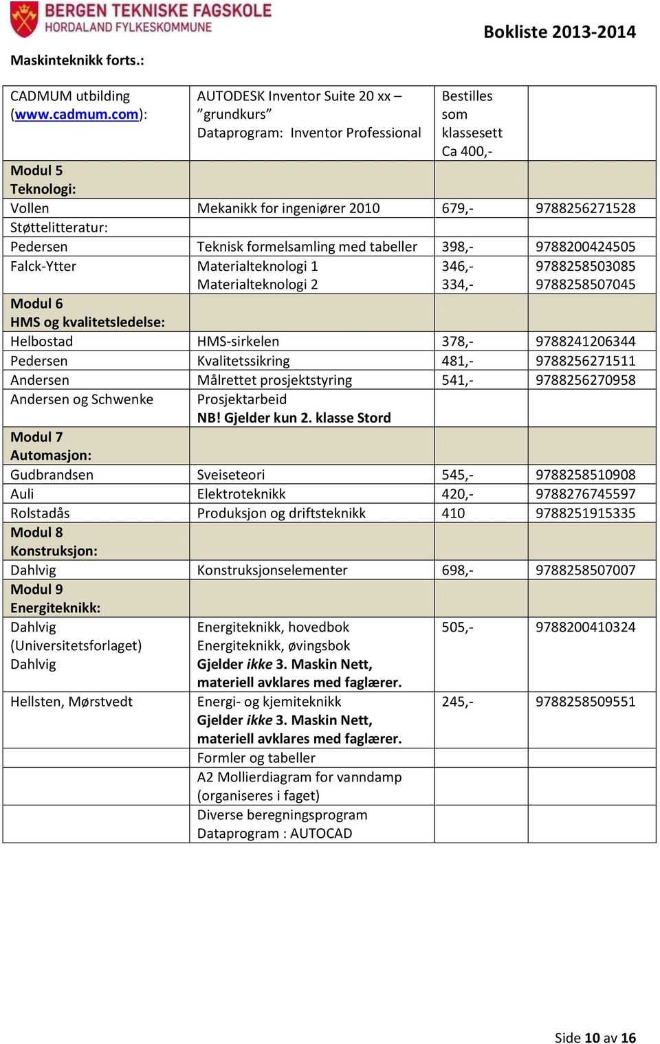 Støttelitteratur: Pedersen Teknisk formelsamling med tabeller 398,- 9788200424505 Falck-Ytter Materialteknologi 1 Materialteknologi 2 346,- 334,- 9788258503085 9788258507045 Modul 6 HMS og