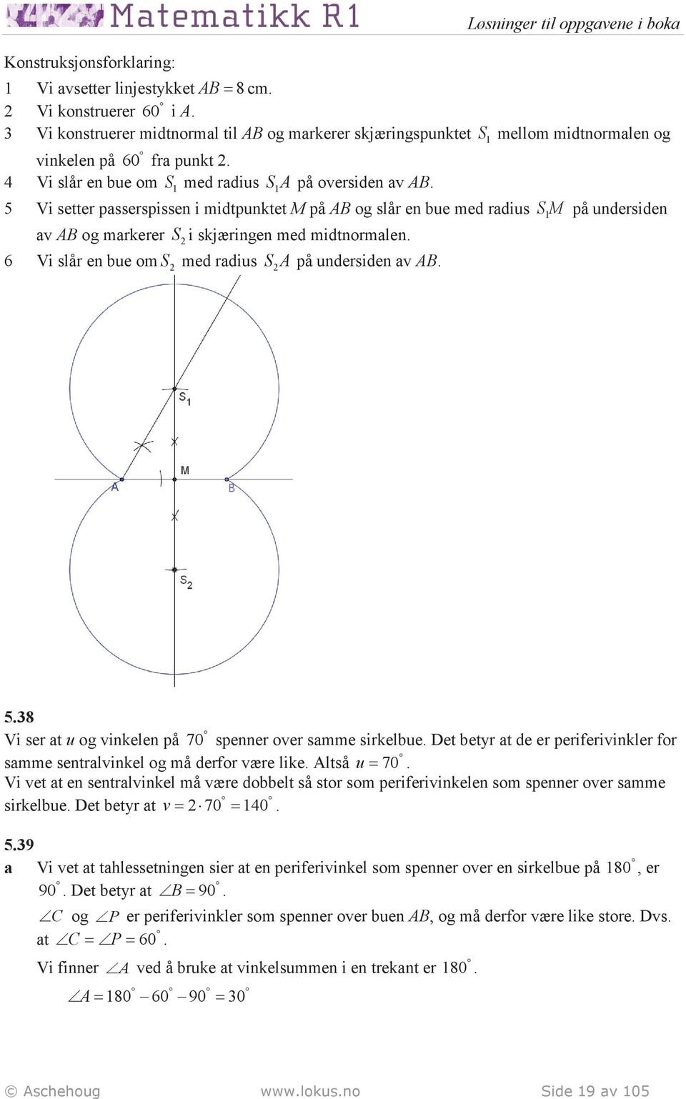 5 Vi setter passerspissen i midtpunktet M på AB og slår en bue med radius SM 1 på undersiden av AB og markerer S i skjæringen med midtnormalen. 6 Vi slår en bue om S med radius SA på undersiden av AB.