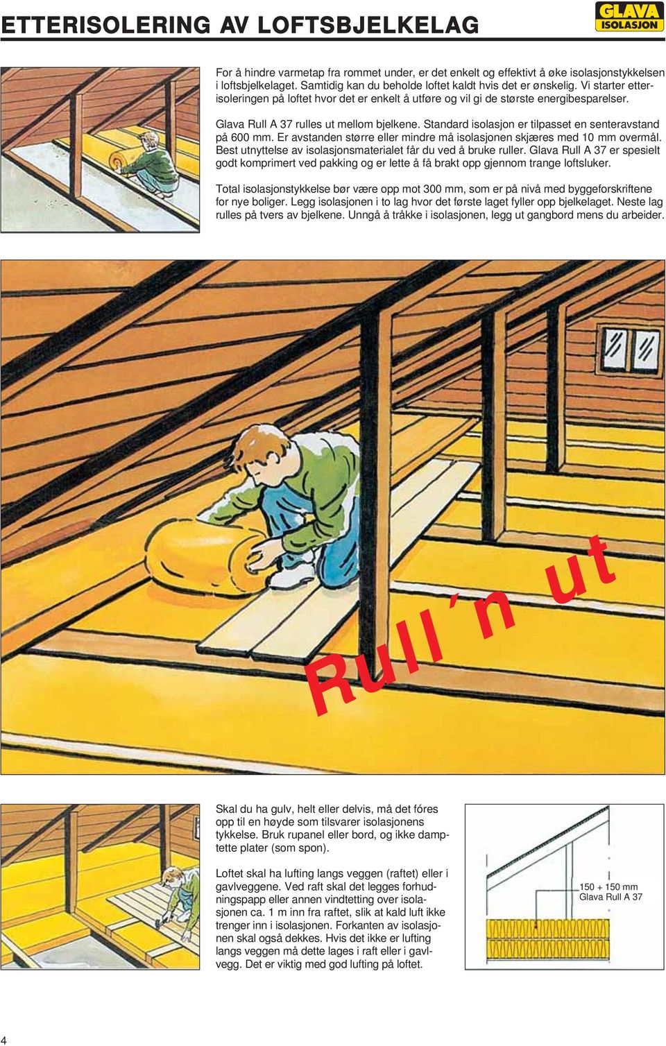 Glava Rull A 37 rulles ut mellom bjelkene. Standard isolasjon er tilpasset en senteravstand på 600 mm. Er avstanden større eller mindre må isolasjonen skjæres med 10 mm overmål.