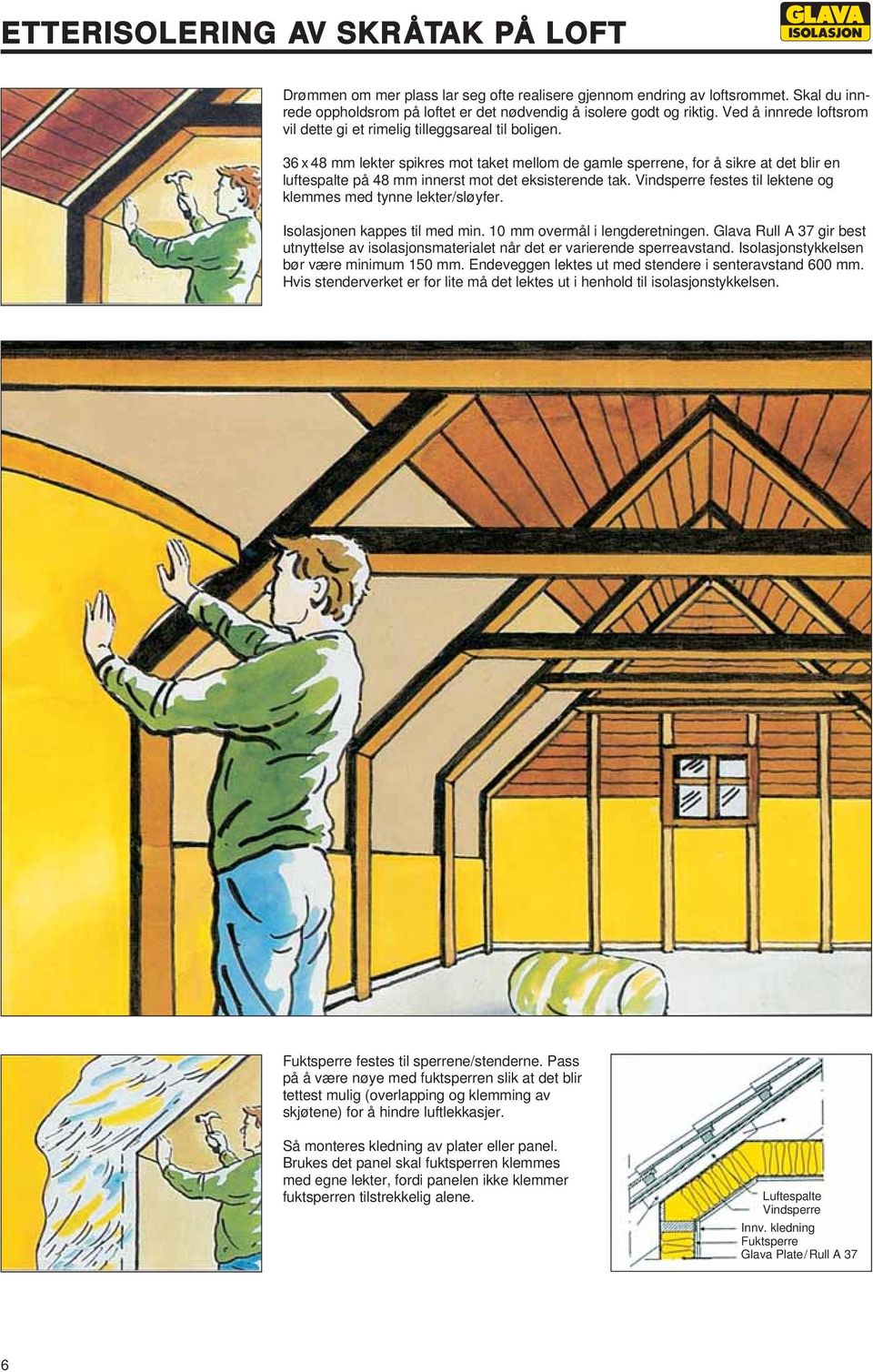 36 x 48 mm lekter spikres mot taket mellom de gamle sperrene, for å sikre at det blir en luftespalte på 48 mm innerst mot det eksisterende tak.