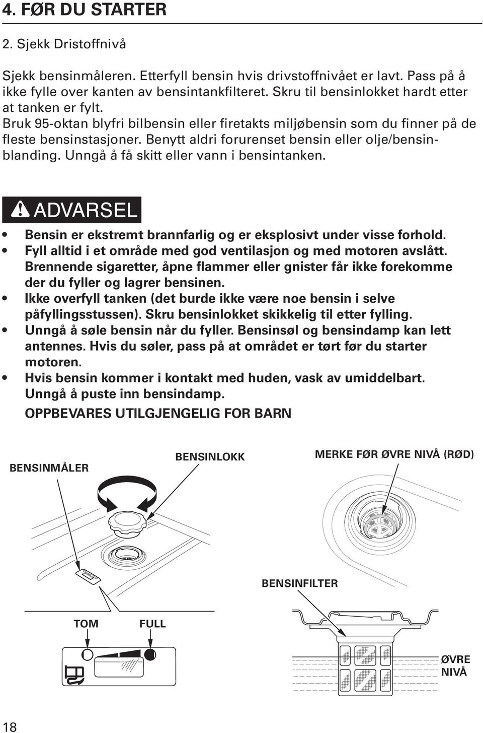 Benytt aldri forurenset bensin eller olje/bensinblanding. Unngå å få skitt eller vann i bensintanken. Bensin er ekstremt brannfarlig og er eksplosivt under visse forhold.