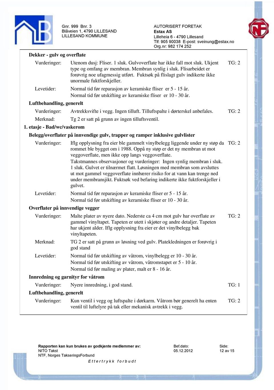 Normal tid før utskifting av keramiske fliser er 10-30 år. Avtrekksvifte i vegg. Ingen tilluft. Tilluftspalte i dørterskel anbefales. 1. etasje - Bad/wc/vaskerom Tg 2 er satt på grunn av ingen tilluftsventil.