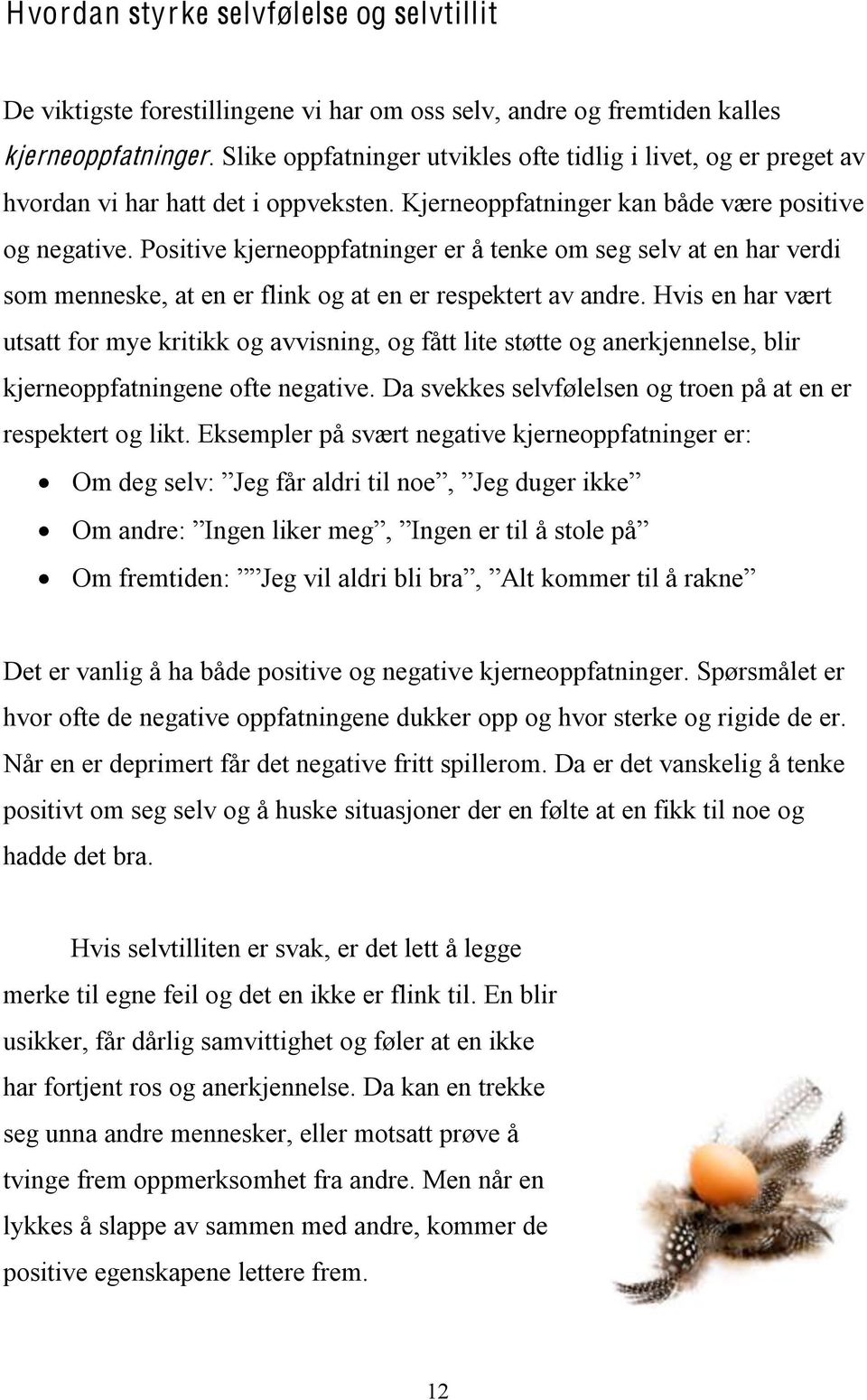 Positive kjerneoppfatninger er å tenke om seg selv at en har verdi som menneske, at en er flink og at en er respektert av andre.