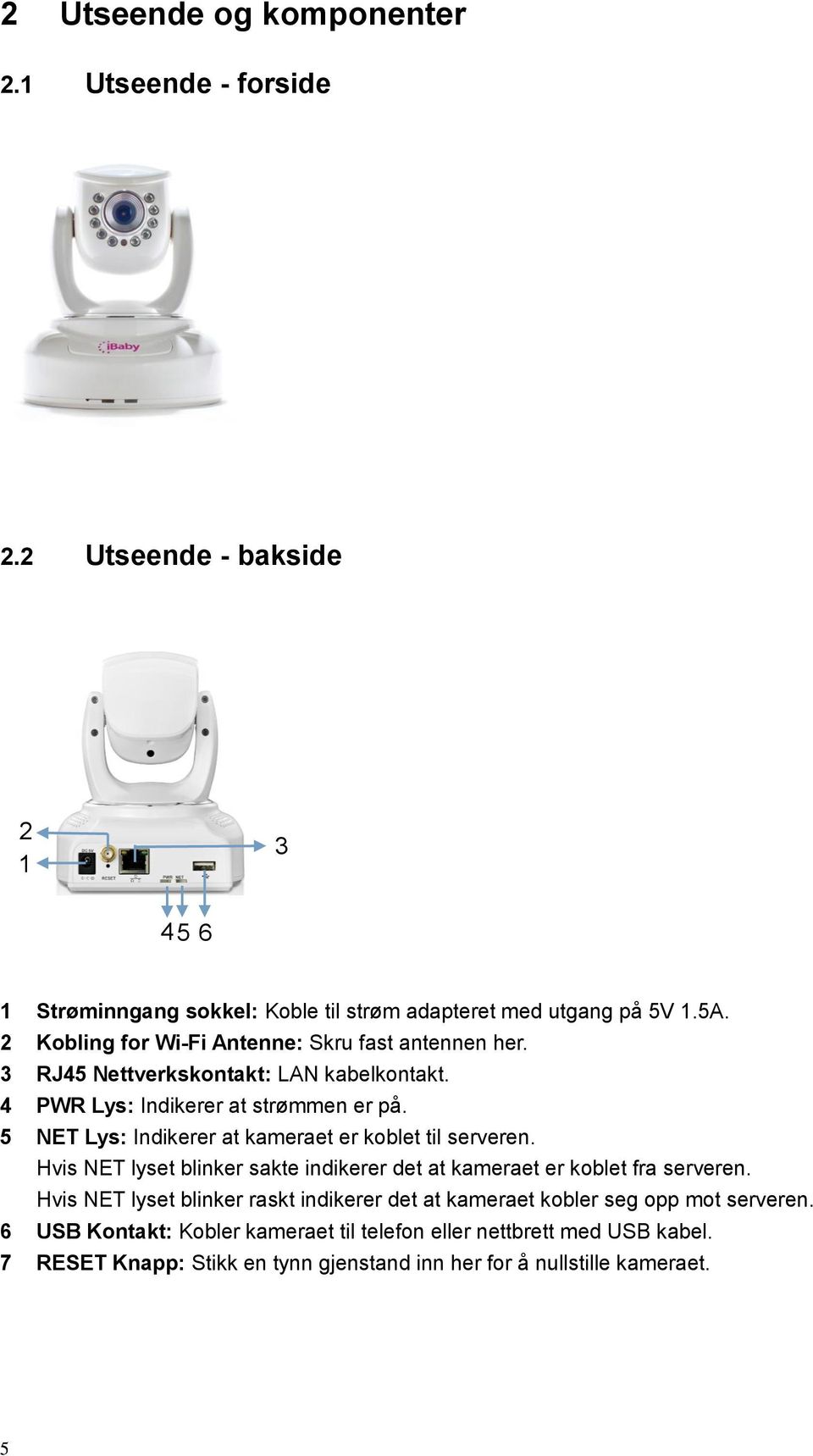 5 NET Lys: Indikerer at kameraet er koblet til serveren. Hvis NET lyset blinker sakte indikerer det at kameraet er koblet fra serveren.