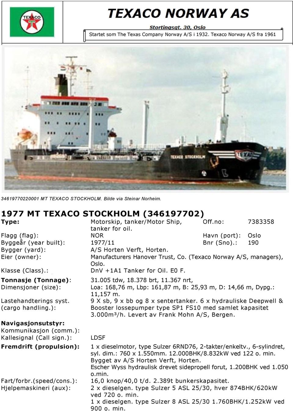 : 190 Bygger (yard): A/S Horten Verft, Horten. Eier (owner): Manufacturers Hanover Trust, Co. (Texaco Norway A/S, managers), Oslo. Klasse (Class).: DnV +1A1 Tanker for Oil. E0 F.