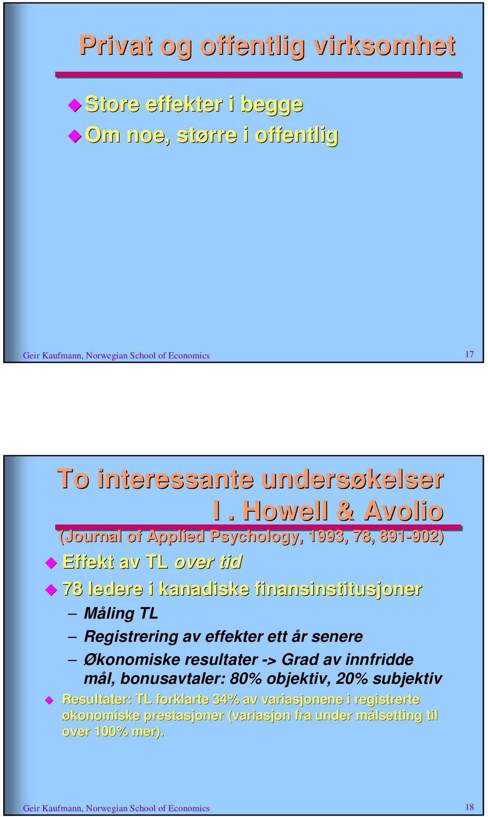 Howell & Avolio (Journal of Applied Psychology,, 1993, 78, 891-902) 902) Effekt av TL over tid 78 ledere i kanadiske finansinstitusjoner Måling TL