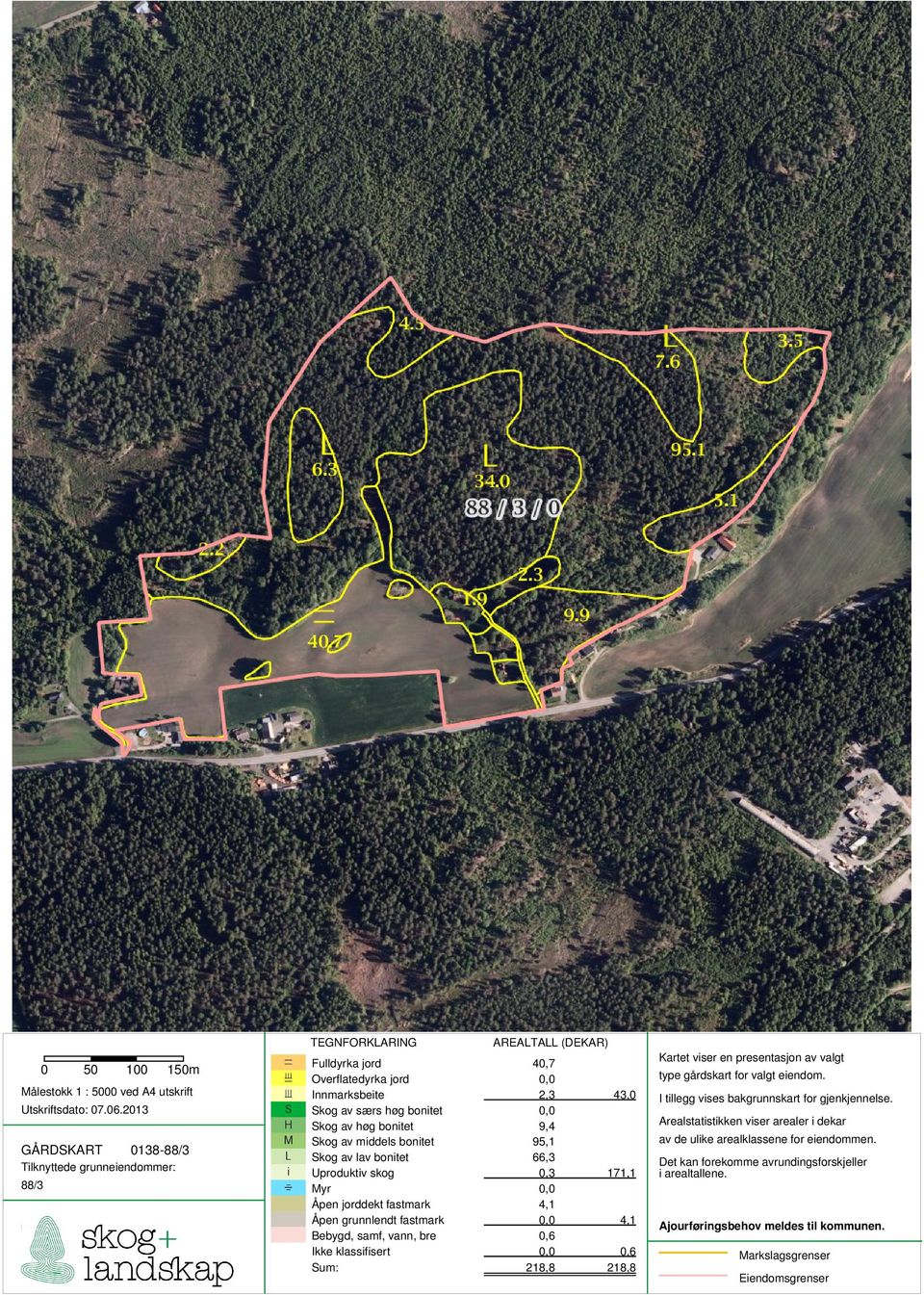 Skog av høg bonitet 9,4 M Skog av middels bonitet 95,1 L Skog av lav bonitet 66,3 i Uproduktiv skog 0,3 171,1 1 Myr 0,0 Åpen jorddekt fastmark 4,1 Åpen grunnlendt fastmark 0,0 4,1 Bebygd, samf, vann,