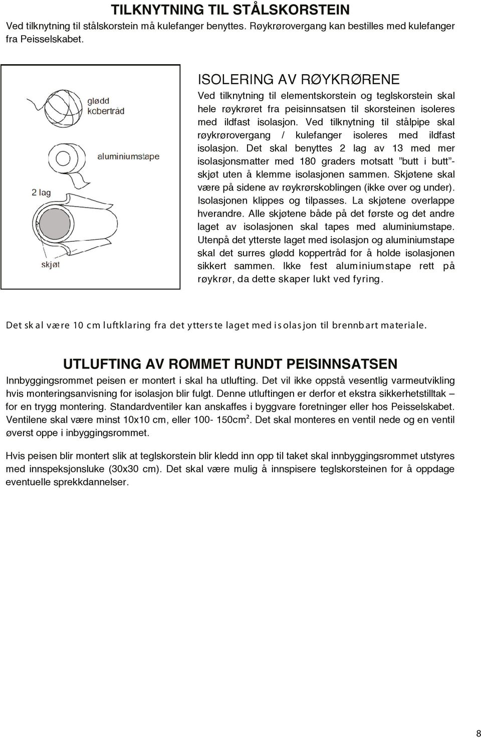 Ved tilknytning til stålpipe skal røykrørovergang / kulefanger isoleres med ildfast isolasjon.