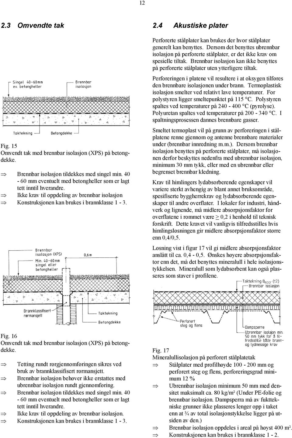 Dersom det benyttes ubrennbar isolasjon på perforerte stålplater, er det ikke krav om spesielle tiltak. Brennbar isolasjon kan ikke benyttes på perforerte stålplater uten ytterligere tiltak.