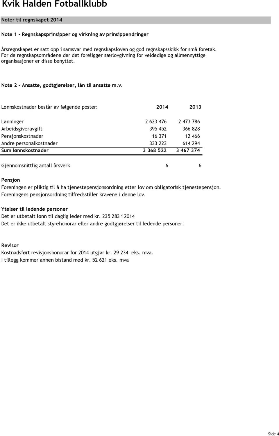 ivning for veldedige og allmennyttige organisasjoner er disse benyttet. Note 2 - Ansatte, godtgjørelser, lån til ansatte m.v. Lønnskostnader består av følgende poster: 2014 2013 Lønninger 2 623 476 2