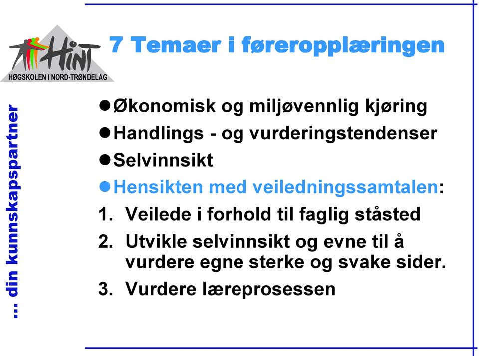 veiledningssamtalen: 1. Veilede i forhold til faglig ståsted 2.