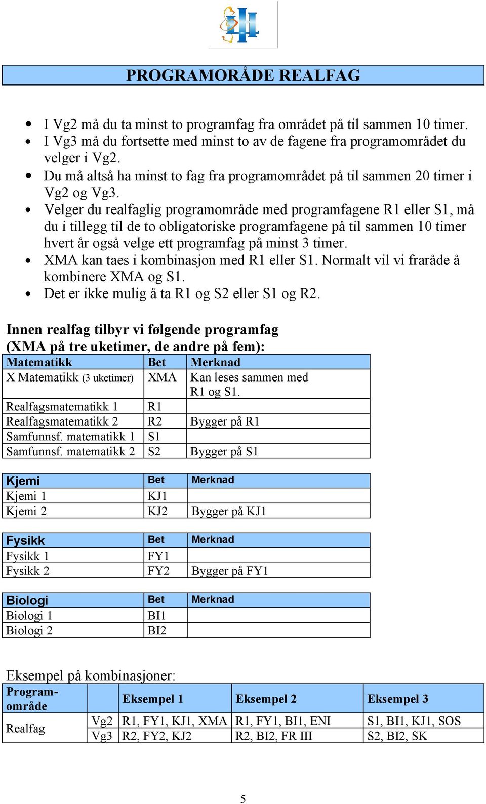 Velger du realfaglig programområde med programfagene R1 eller S1, må du i tillegg til de to obligatoriske programfagene på til sammen 10 timer hvert år også velge ett programfag på minst 3 timer.