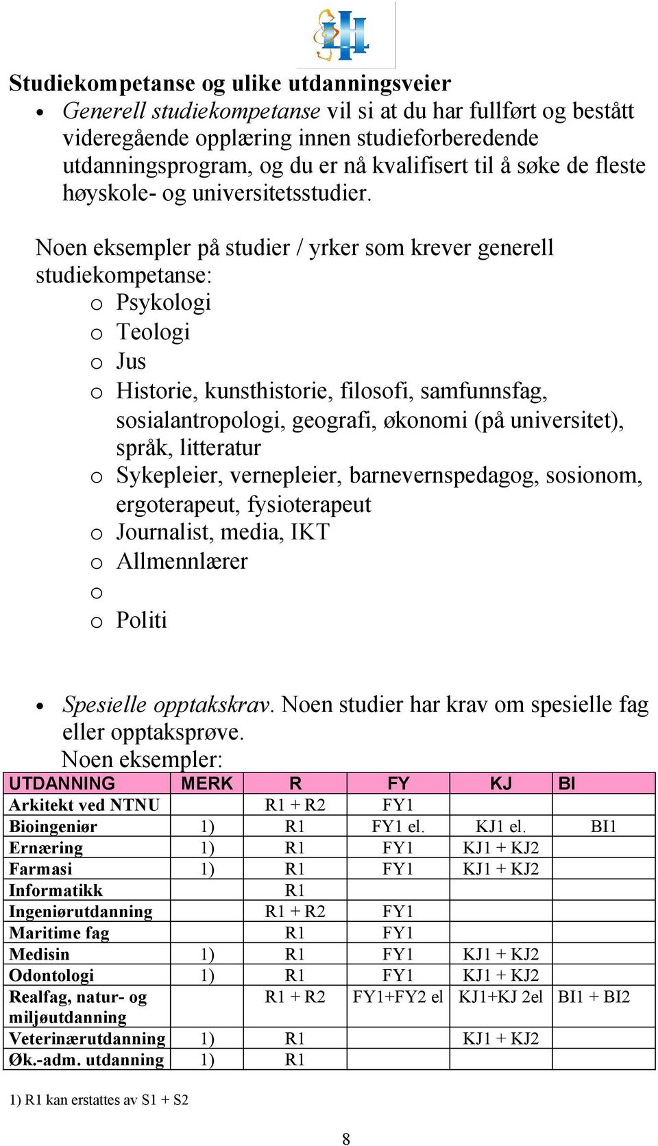 Noen eksempler på studier / yrker som krever generell studiekompetanse: o Psykologi o Teologi o Jus o Historie, kunsthistorie, filosofi, samfunnsfag, sosialantropologi, geografi, økonomi (på