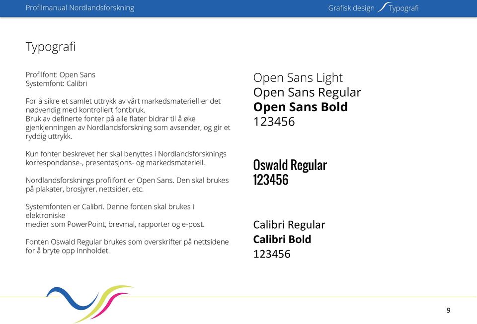 Kun fonter beskrevet her skal benyttes i Nordlandsforsknings korrespondanse-, presentasjons- og markedsmateriell. Nordlandsforsknings profilfont er Open Sans.