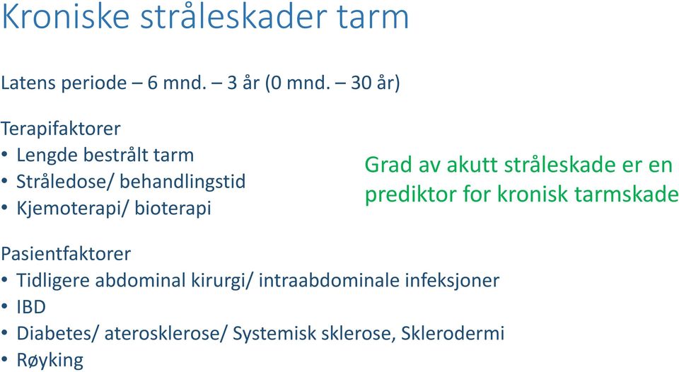 bioterapi Grad av akutt stråleskade er en prediktor for kronisk tarmskade Pasientfaktorer