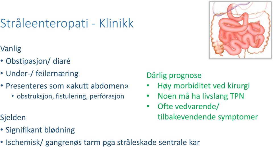 Signifikant blødning Ischemisk/ gangrenøs tarm pga stråleskade sentrale kar Dårlig