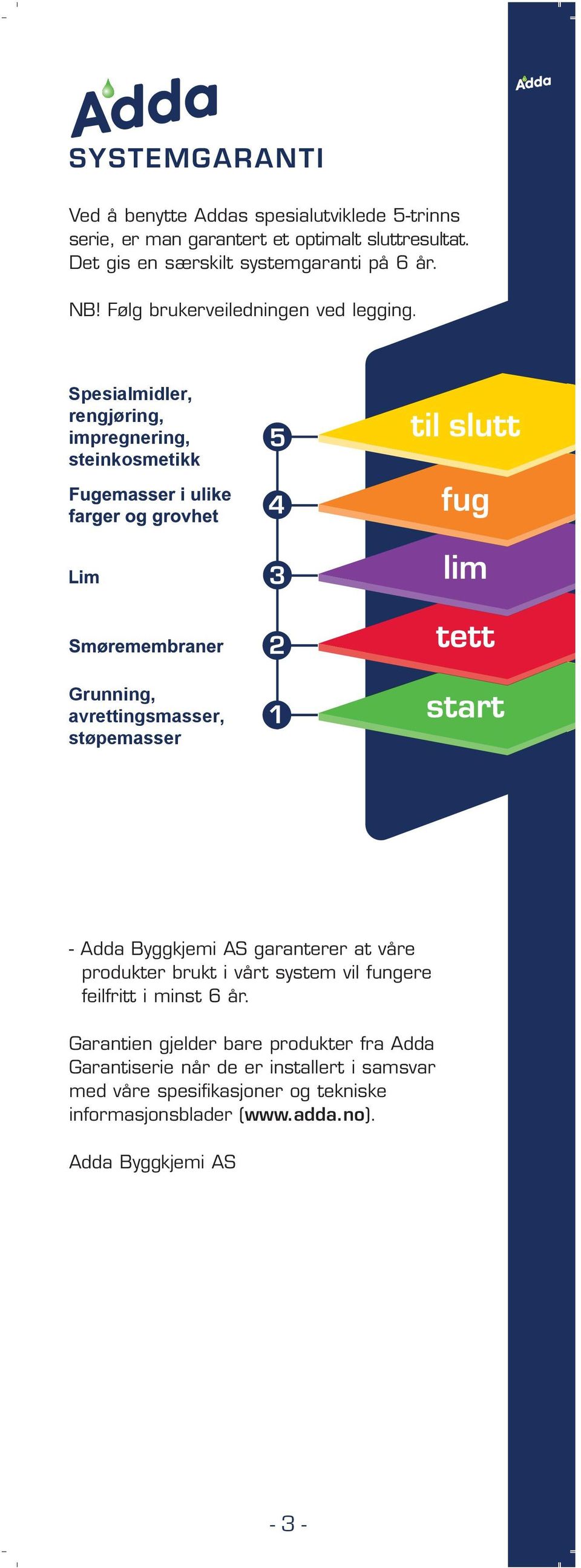 Spesialmidler, rengjøring, impregnering, steinkosmetikk Grunning, avrettingsmasser, støpemasser - Adda Byggkjemi AS garanterer at våre