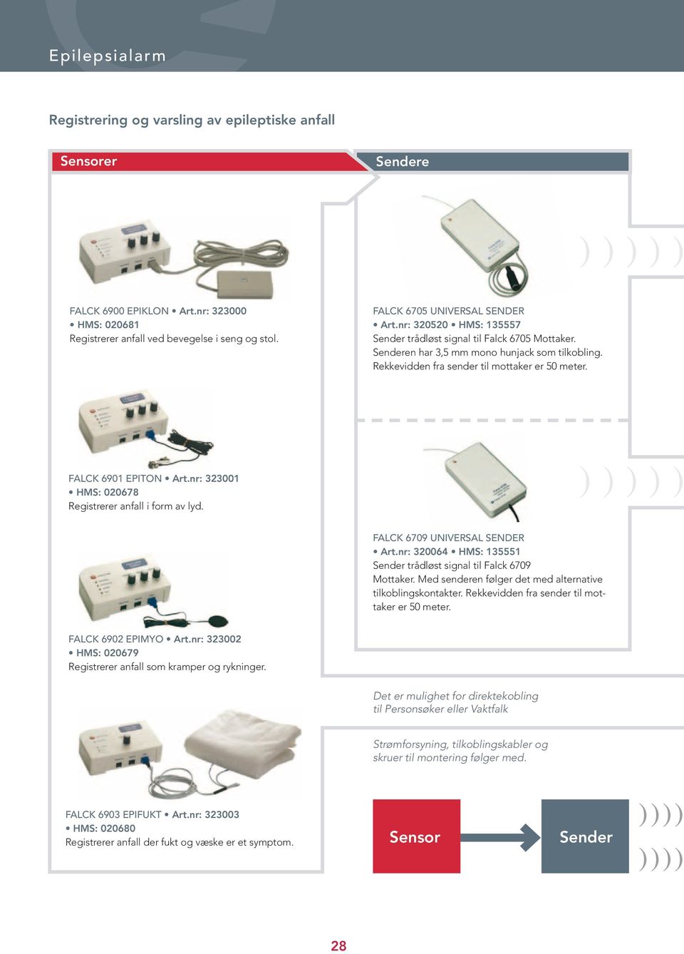 FALCK 6901 EPITON Art.nr: 323001 HMS: 020678 Registrerer anfall i form av lyd. ) FALCK 6709 UNIVERSAL SENDER Art.nr: 320064 HMS: 135551 Sender trådløst signal til Falck 6709 Mottaker.