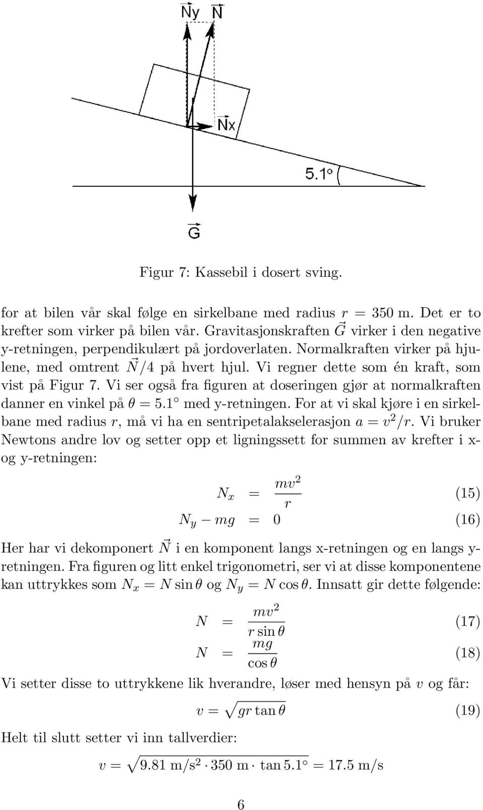 Vi regner dette som én kraft, som vist på Figur 7. Vi ser også fra figuren at doseringen gjør at normalkraften danner en vinkel på θ = 5.1 med y-retningen.