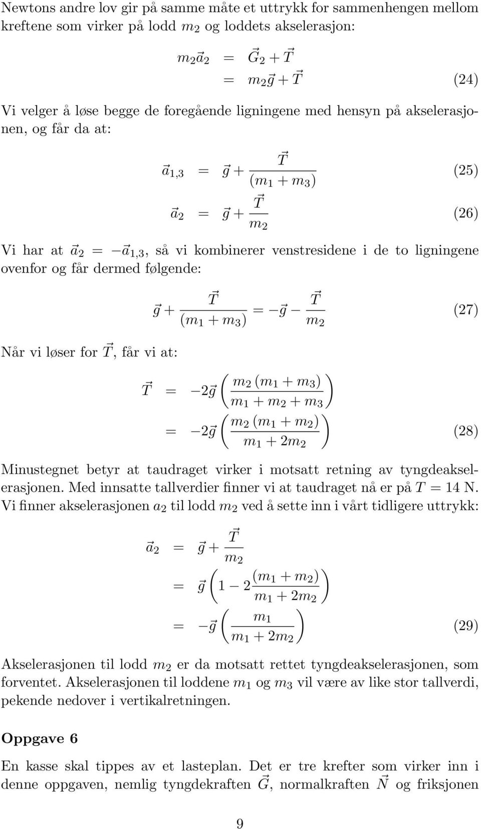 dermed følgende: g + T (m 1 + m 3 ) = g T m 2 (27) Når vi løser for T, får vi at: ( ) m2 (m 1 + m 3 ) T = 2 g m 1 + m 2 + m 3 ( ) m2 (m 1 + m 2 ) = 2 g m 1 + 2m 2 (28) Minustegnet betyr at taudraget