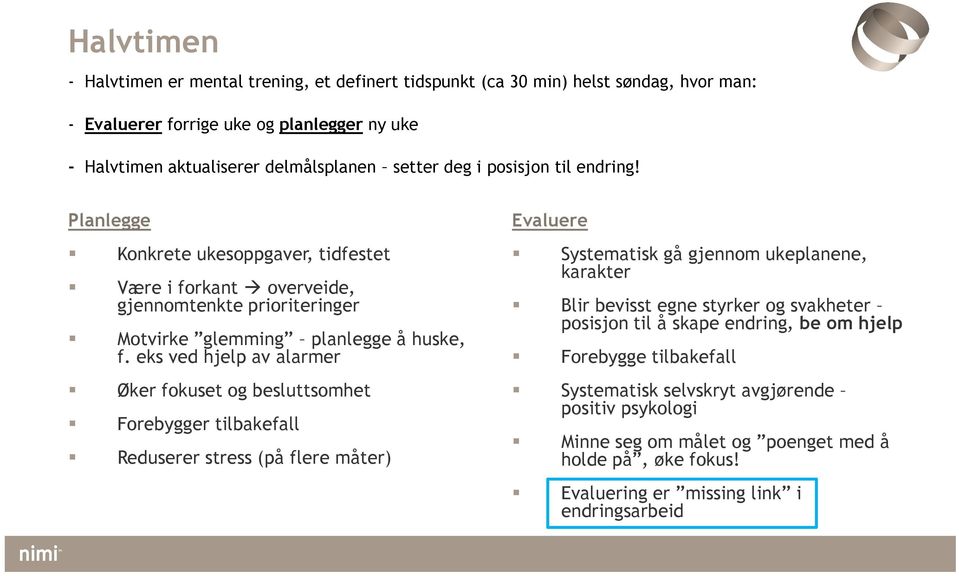 Planlegge Konkrete ukesoppgaver, tidfestet Være i forkant overveide, gjennomtenkte prioriteringer Motvirke glemming planlegge å huske, f.