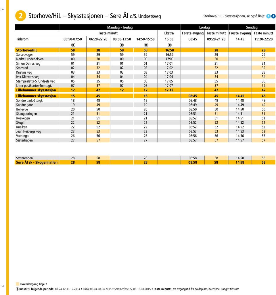 08:45 09:28-21:28 14:45 15:28-22:28 X X X X Storhove/HiL 58 28 58 58 16:58 28 28 Sørsvevegen 59 29 59 59 16:59 29 29 Nedre Lundebekken 00 30 00 00 17:00 30 30 Simon Darres veg 01 31 01 01 17:01 31 31
