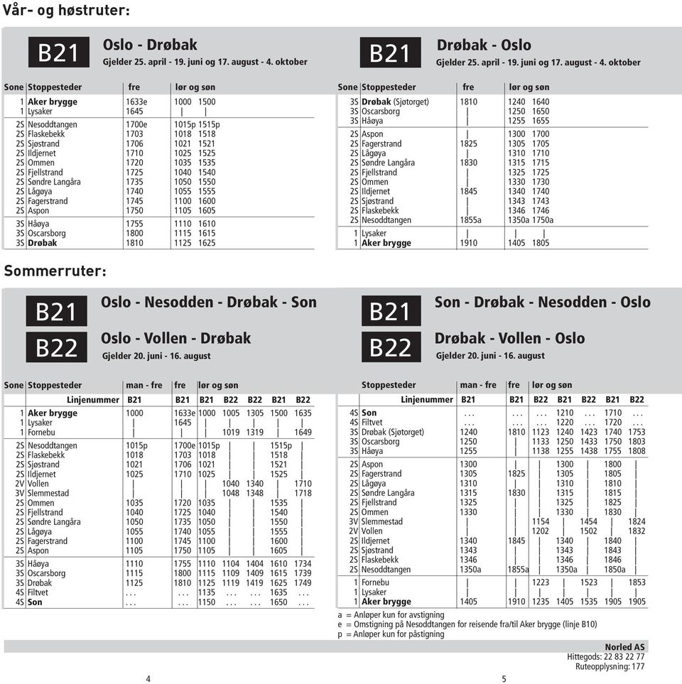 oktober Sone Stoppesteder fre lør og søn 1 Aker brygge 1633e 1000 1500 1 Lysaker 1645 2S Nesoddtangen 1700e 1015p 1515p 2S Flaskebekk 1703 1018 1518 2S Sjøstrand 1706 1021 1521 2S Ildjernet 1710 1025
