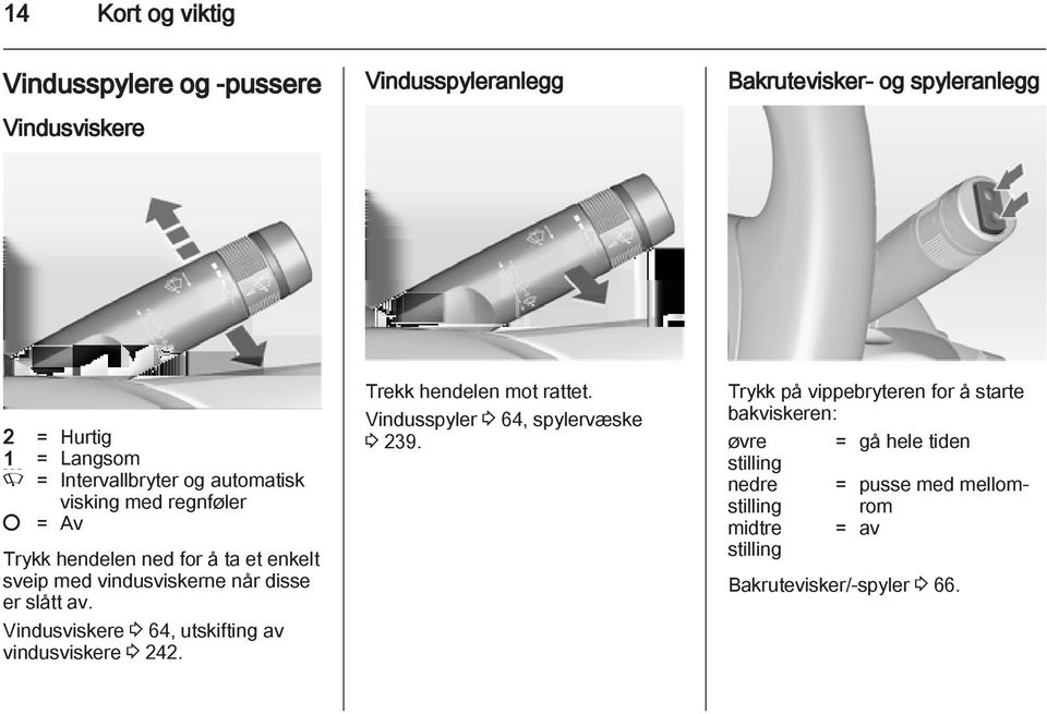 av. Vindusviskere 3 64, utskifting av vindusviskere 3 242. Trekk hendelen mot rattet. Vindusspyler 3 64, spylervæske 3 239.