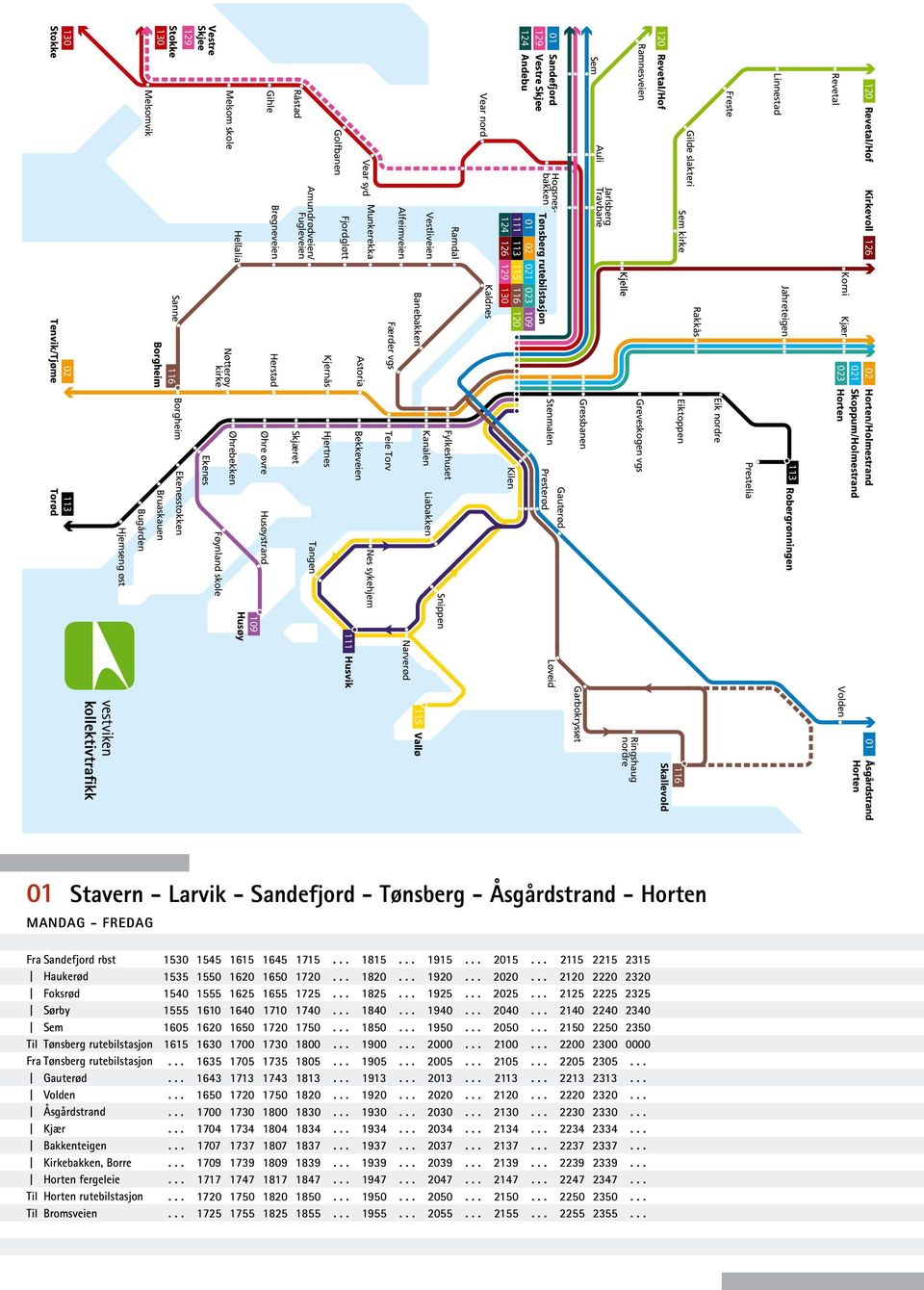 rutebilstasjon 01 02 021 023 109 111 113 115 116 120 124 126 129 130 Kaldnes Stenmalen Gauterød Presterød Kilen Løveid Ramdal Vestliveien Alfeimveien Banebakken Færder vgs Fylkeshuset Kanalen Teie