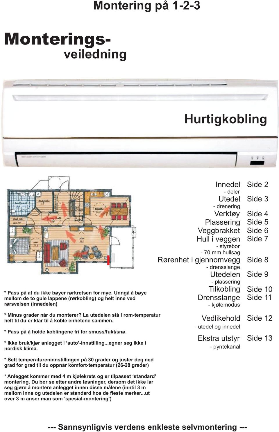 Rørenhet i gjennomvegg - drensslange Utedelen - plassering Tilkobling Drensslange - kjølemodus Side 2 Side 3 Side 4 Side 5 Side 6 Side 7 Side 8 Side 9 Side 10 Side 11 * Minus grader når du monterer?