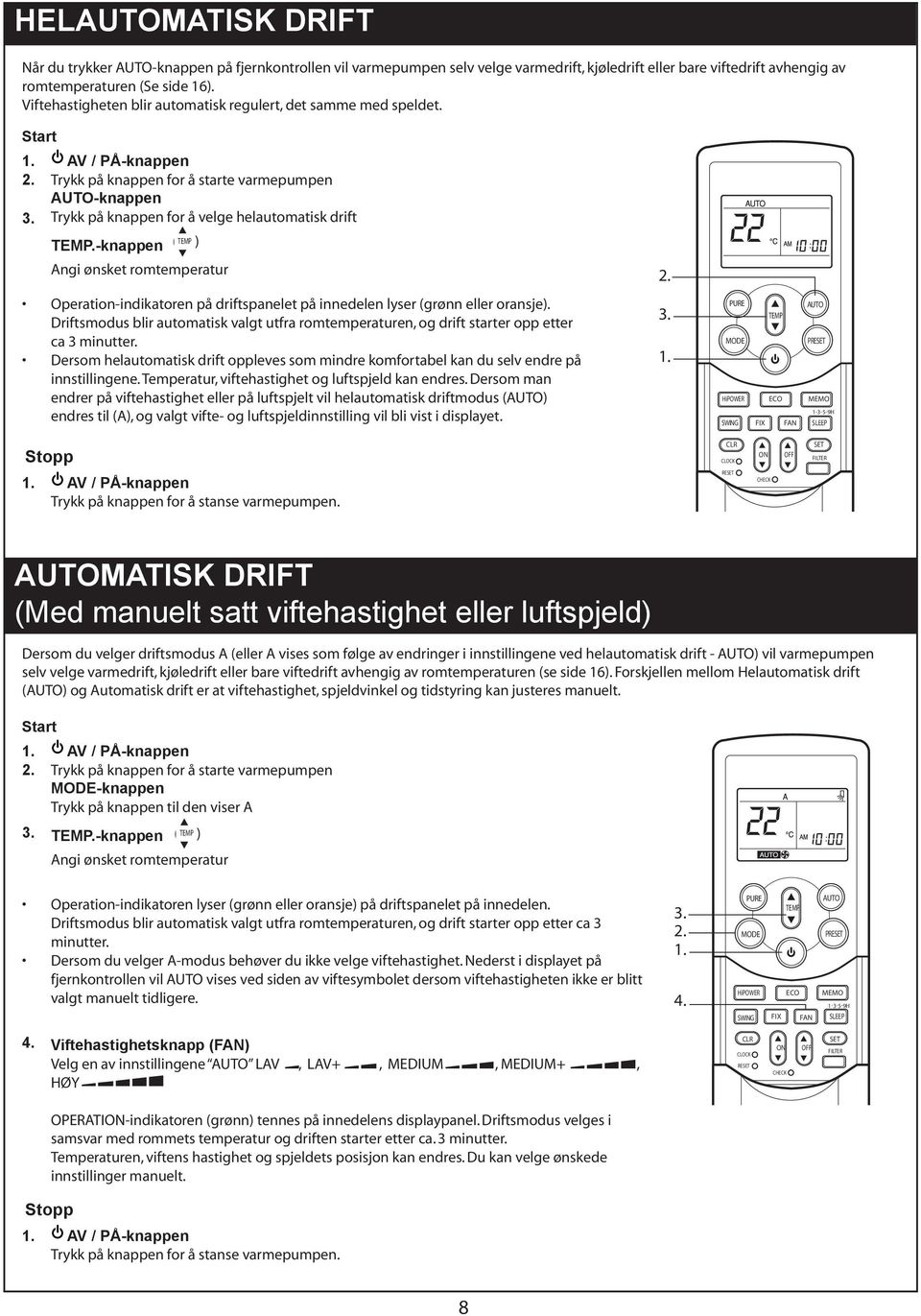 -knappen ( ) Angi ønsket romtemperatur Operation-indikatoren på driftspanelet på innedelen lyser (grønn eller oransje).