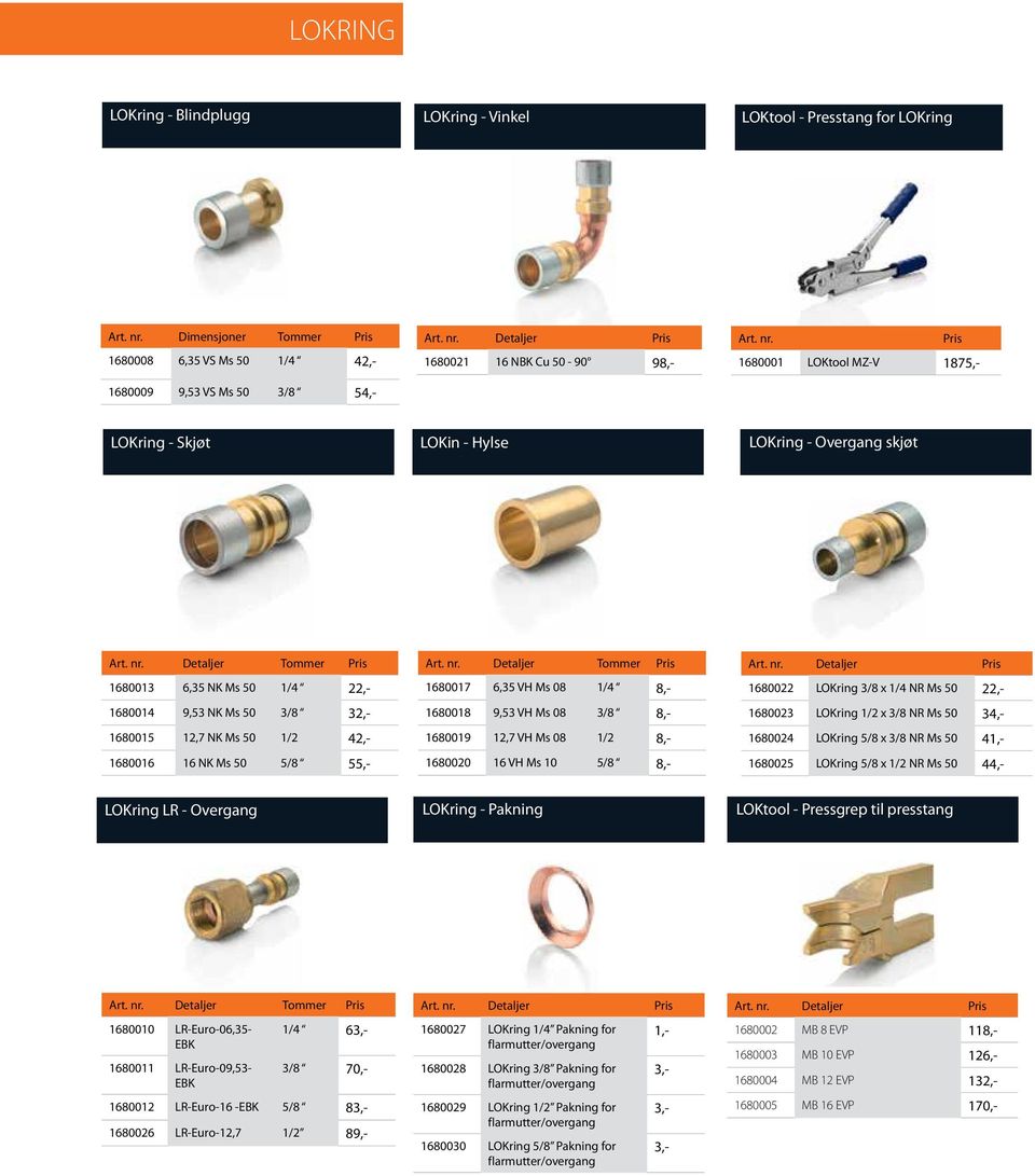 16 NK Ms 50 5/8 55,- Detaljer Tommer 1680017 6,35 VH Ms 08 1/4 8,- 1680018 9,53 VH Ms 08 3/8 8,- 1680019 12,7 VH Ms 08 1/2 8,- 1680020 16 VH Ms 10 5/8 8,- Detaljer 1680022 LOKring 3/8 x 1/4 NR Ms 50