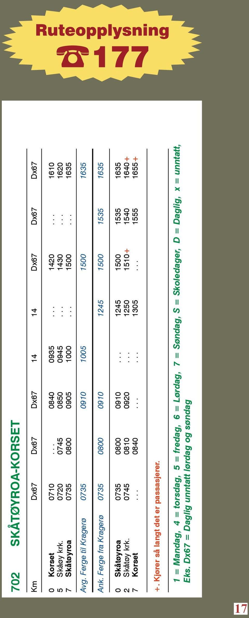 Ferge fra Kragerø 0735 0800 0910 1245 1500 1535 1635 0 Skåtøyroa 0735 0800 0910... 1245 1500 1535 1635 2 Skåtøy krk. 0745 0810 0920.