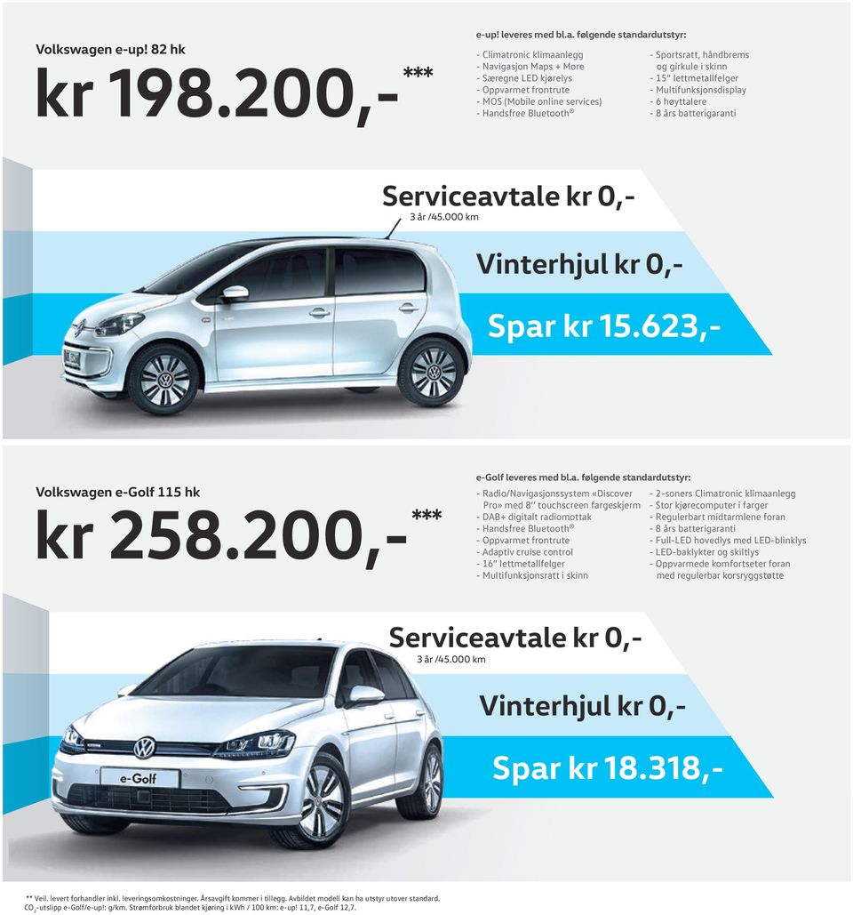 skinn - 15 lettmetallfelger - Multifunksjonsdisplay - 6 høyttalere - 8 års batterigaranti Serviceavtale kr 0,3 år /45.000 km Spar kr 15.623,- e-golf leveres med bl.a. følgende standardutstyr: e-golf 115 hk kr 258.