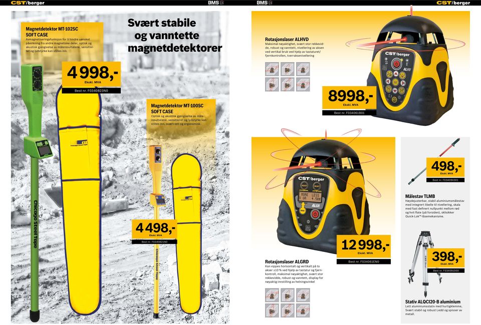 Svært stabile og vanntette magnetdetektorer Rotasjonslaser ALHVD Maksimal nøyaktighet, svært stor rekkevidde, robust og vanntett, nivellering av aksen ved vertikal bruk ved hjelp av tastaturet/