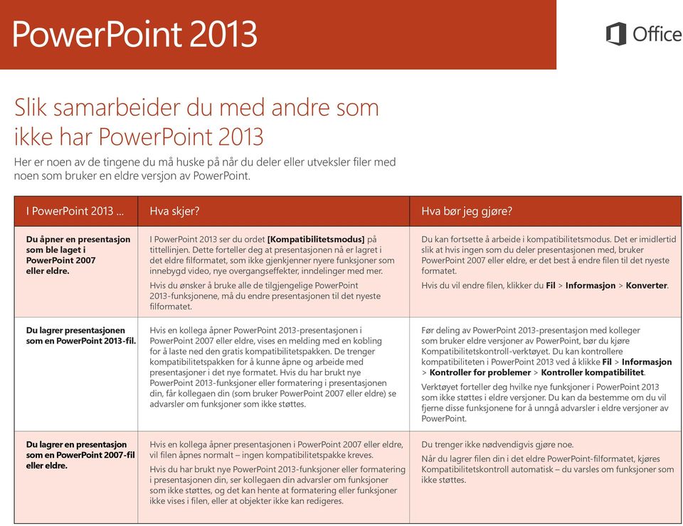 I PowerPoint 2013 ser du ordet [Kompatibilitetsmodus] på tittellinjen.