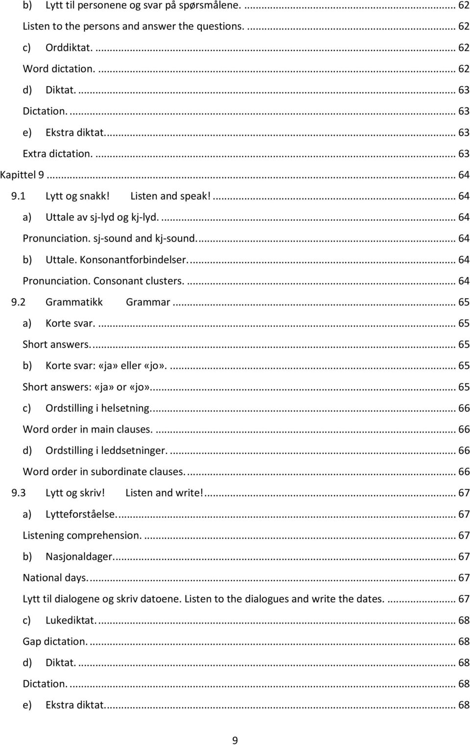 Konsonantforbindelser.... 64 Pronunciation. Consonant clusters.... 64 9.2 Grammatikk Grammar... 65 a) Korte svar.... 65 Short answers.... 65 b) Korte svar: «ja» eller «jo».