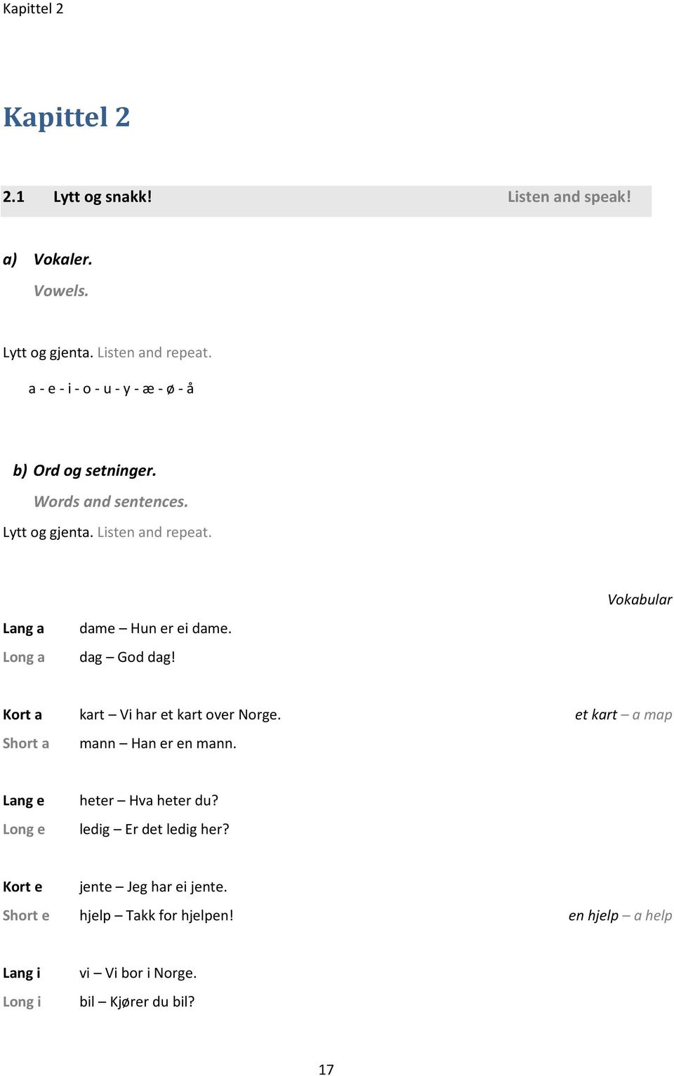 Vokabular Lang a Long a dame Hun er ei dame. dag God dag! Kort a kart Vi har et kart over Norge. et kart a map Short a mann Han er en mann.