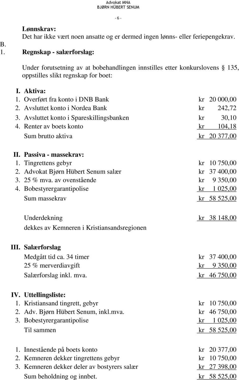 Avsluttet konto i Nordea Bank kr 242,72 3. Avsluttet konto i Spareskillingsbanken kr 30,10 4. Renter av boets konto kr 104,18 Sum brutto aktiva kr 20 377,00 II. Passiva - massekrav: 1.